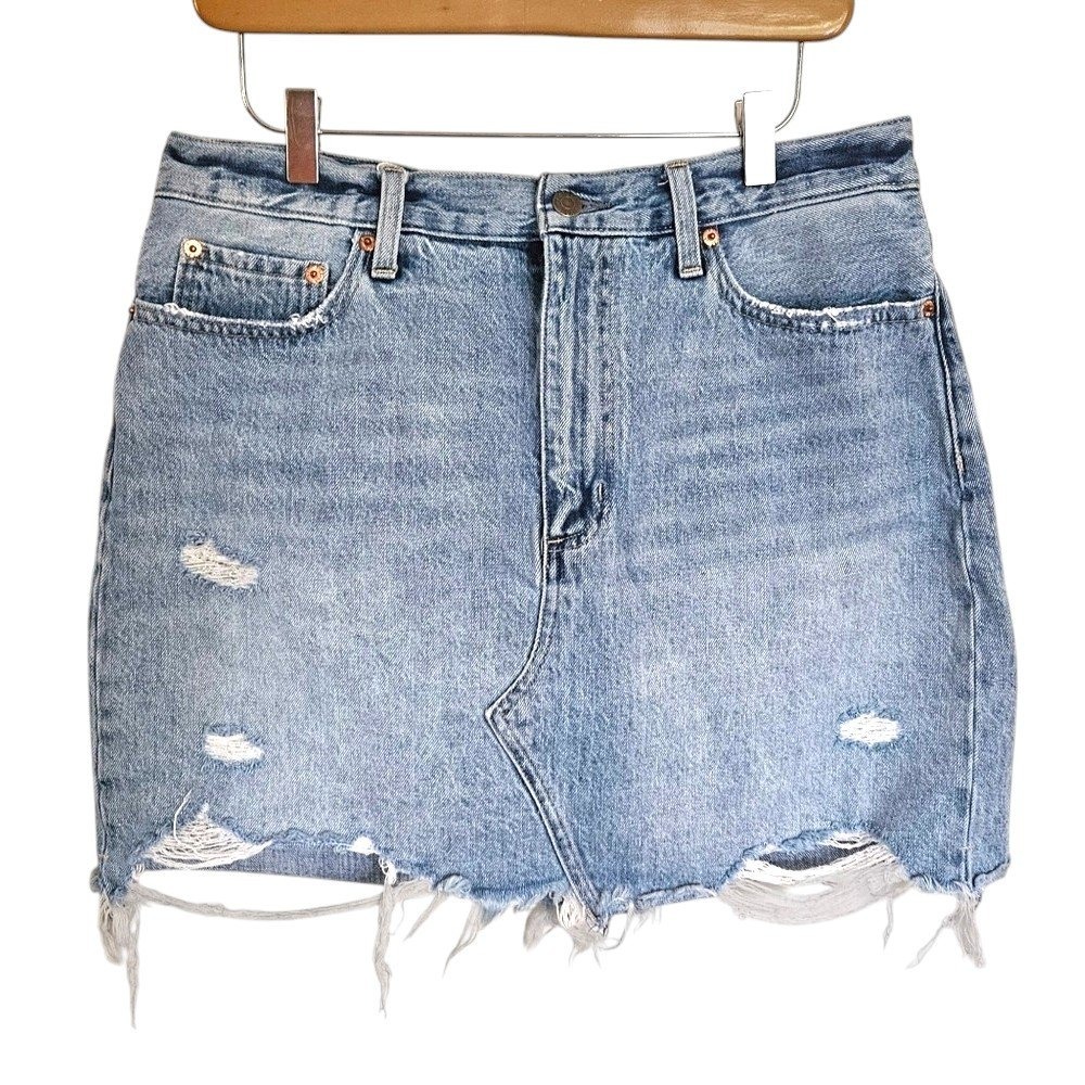 Pistola Rumi Distressed Cut Off Denim Mini Skirt 31 Faded Light Blue Frayed Hem